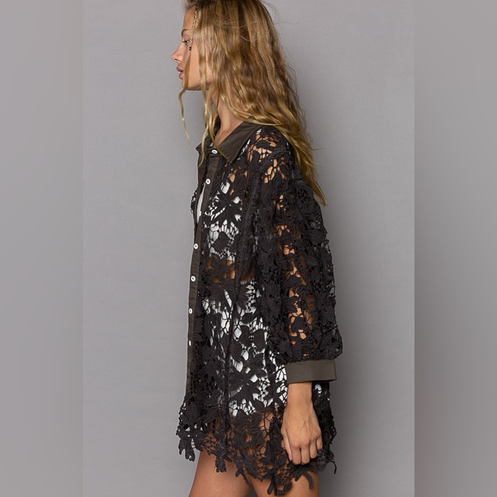 Pre loved Lace Crochet Balloon Sleeve Button Down Shirt in Ink Charcoal small - Picture 4 of 4